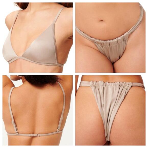 Good American Mink Shine R/C Banded Tri Bra and Ruched Bottom Bikini Set Size 3 - Picture 1 of 11